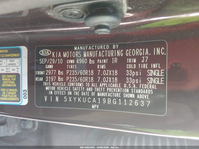 Auction sale of the 2011 Kia Sorento Ex, vin: 5XYKUCA19BG112637, lot number: 44823383