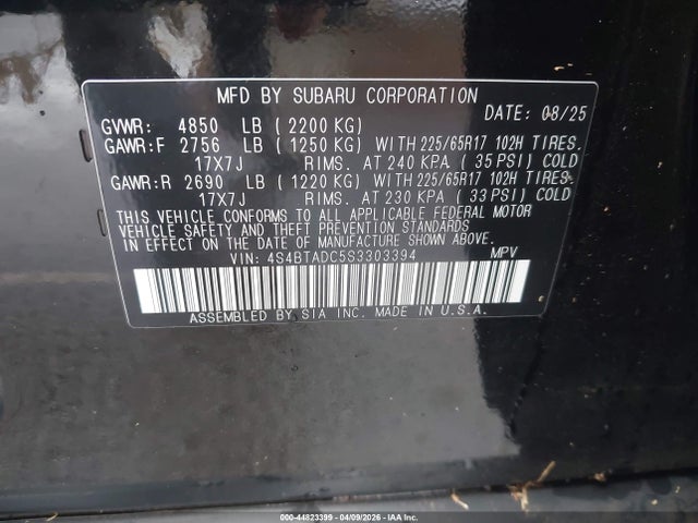 Продаж на аукціоні авто 2025 Subaru Outback Premium, vin: 4S4BTADC5S3303394, номер лоту: 44823399