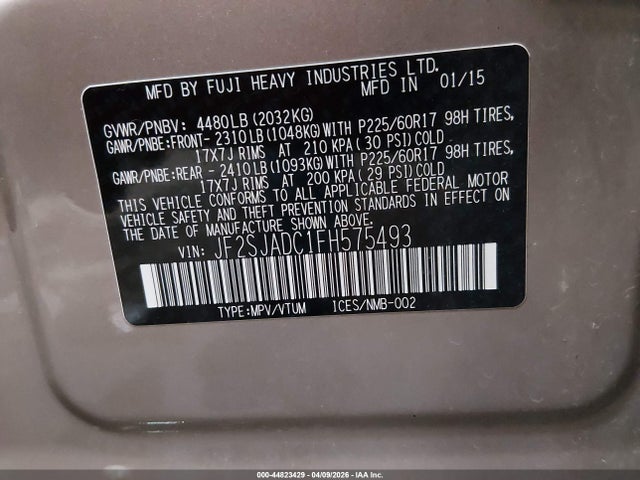 Продажа на аукционе авто 2015 Subaru Forester 2.5i Premium, vin: JF2SJADC1FH575493, номер лота: 44823429