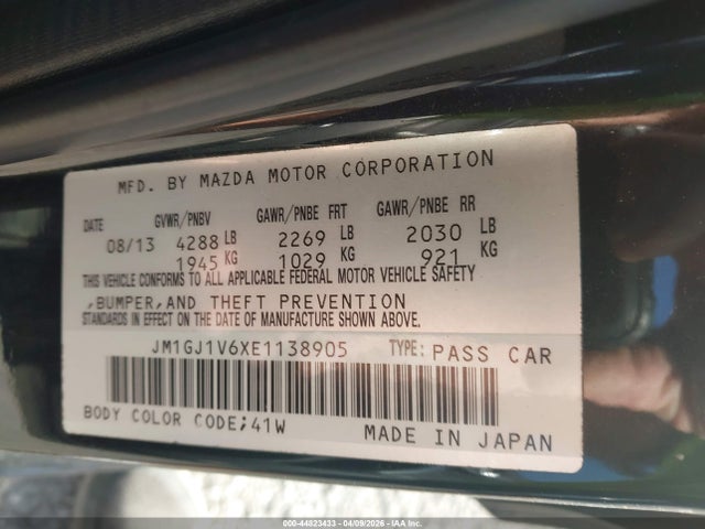 2014 Mazda Mazda6 I Touring მანქანა იყიდება აუქციონზე, vin: JM1GJ1V6XE1138905, აუქციონის ნომერი: 44823433