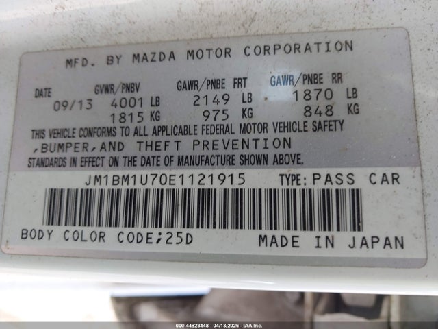 44823448 :رقم المزاد ، JM1BM1U70E1121915 vin ، 2014 Mazda Mazda3 I Sport مزاد بيع