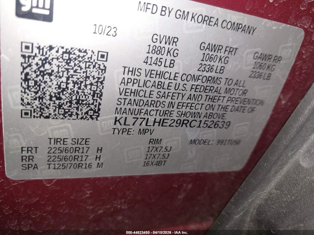 Aukcja sprzedaży 2024 Chevrolet Trax Fwd Lt, vin: KL77LHE29RC152639, numer aukcji: 44823450