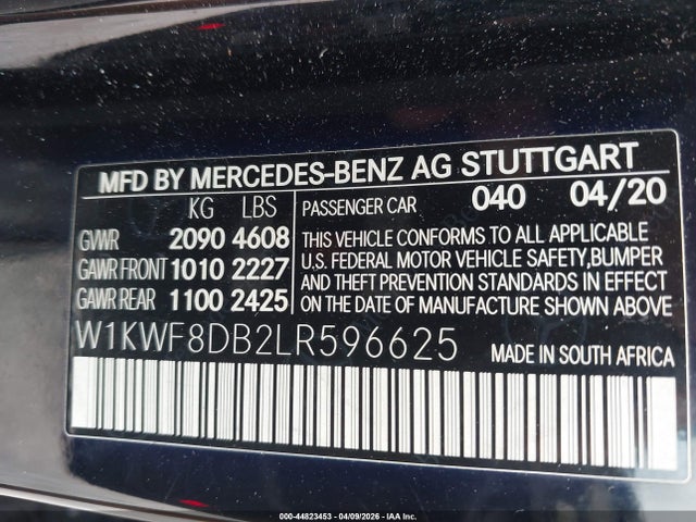 44823453 :رقم المزاد ، W1KWF8DB2LR596625 vin ، 2020 Mercedes-benz C 300 مزاد بيع