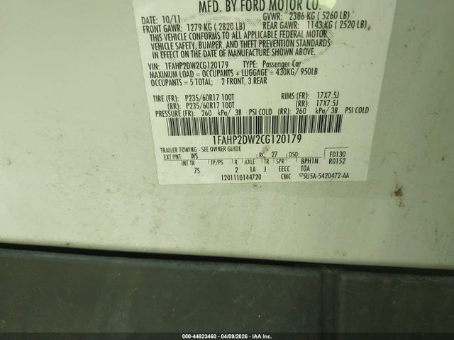 2012 Ford Taurus Se მანქანა იყიდება აუქციონზე, vin: 1FAHP2DW2CG120179, აუქციონის ნომერი: 44823460