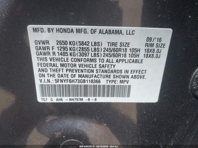 2016 HONDA PILOT 5FNYF6H73GB118366 Photo 8
