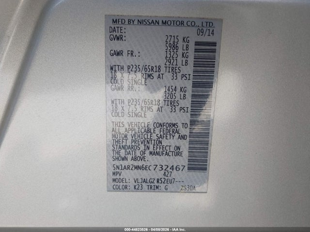 5N1AR2MN6EC732467 Nissan Pathfinder Sl