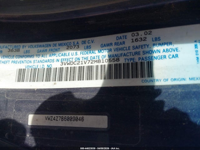 Aukcja sprzedaży 2002 Volkswagen Cabrio Glx, vin: 3VWDC21V72M810558, numer aukcji: 44823539