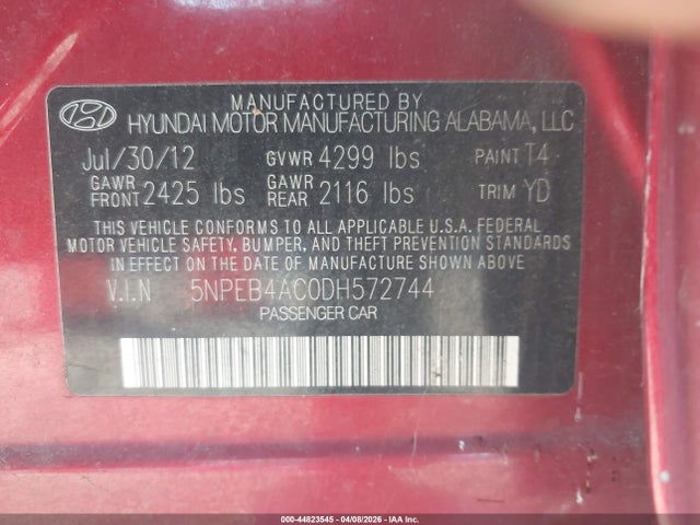 Aukcja sprzedaży 2013 Hyundai Sonata Gls, vin: 5NPEB4AC0DH572744, numer aukcji: 44823545