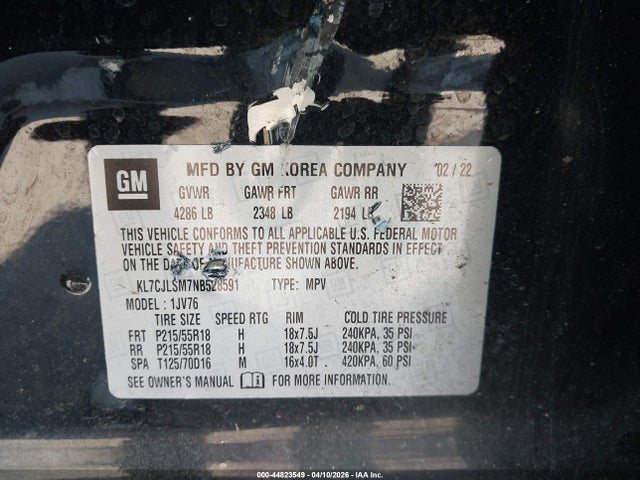 2022 Chevrolet Trax Fwd Lt მანქანა იყიდება აუქციონზე, vin: KL7CJLSM7NB528591, აუქციონის ნომერი: 44823549