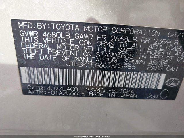 Продаж на аукціоні авто 2012 Lexus Es 350, vin: JTHBK1EG6C2506986, номер лоту: 44823569