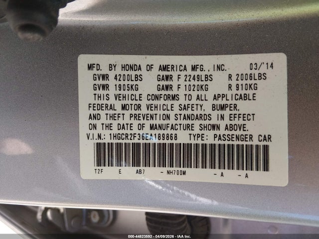 2014 Honda Accord Lx მანქანა იყიდება აუქციონზე, vin: 1HGCR2F36EA189868, აუქციონის ნომერი: 44823592