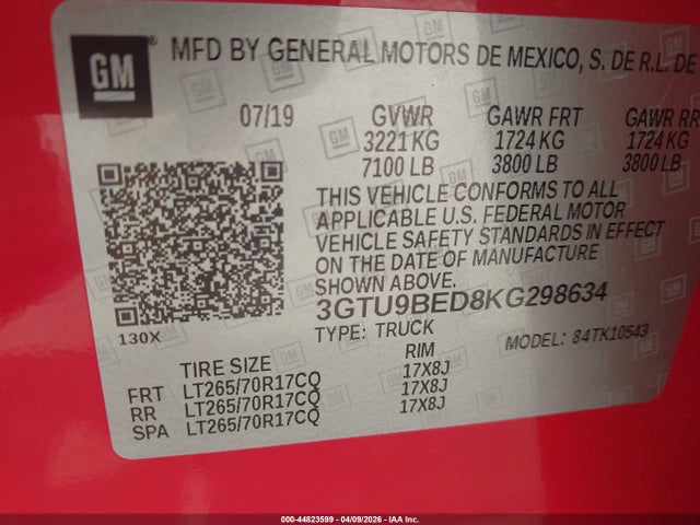 Продаж на аукціоні авто 2019 Gmc Sierra 1500 Sle, vin: 3GTU9BED8KG298634, номер лоту: 44823599