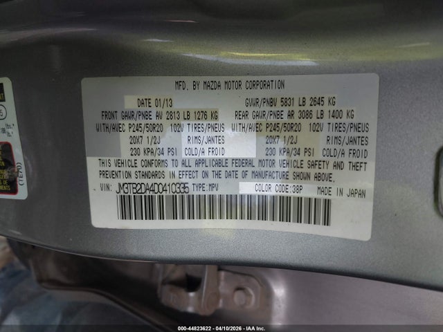 44823622 :رقم المزاد ، JM3TB2DA4D0410335 vin ، 2013 Mazda Cx-9 Grand Touring مزاد بيع
