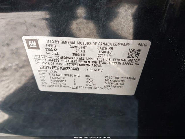 44823623 :رقم المزاد ، 2GNFLFEK7G6330449 vin ، 2016 Chevrolet Equinox Lt مزاد بيع