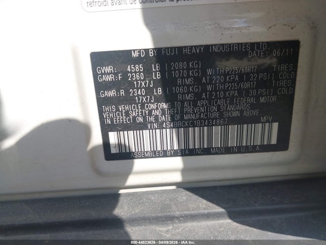 44823626 :رقم المزاد ، 4S4BRCKC1B3434867 vin ، 2011 Subaru Outback 2.5i Limited مزاد بيع