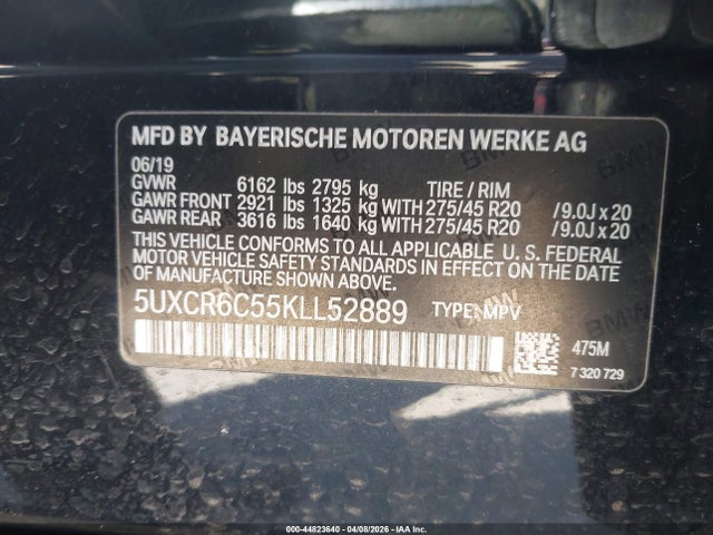 44823640 :رقم المزاد ، 5UXCR6C55KLL52889 vin ، 2019 Bmw X5 Xdrive40i مزاد بيع