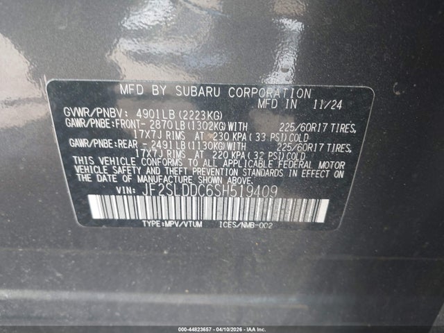 2025 Subaru Forester Premium მანქანა იყიდება აუქციონზე, vin: JF2SLDDC6SH519409, აუქციონის ნომერი: 44823657