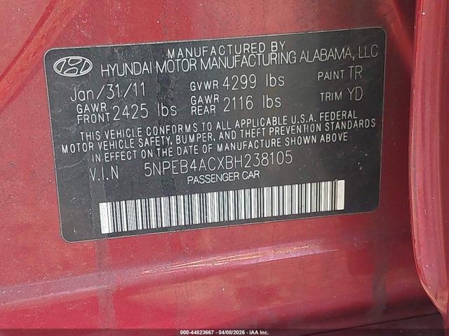 Продажа на аукционе авто 2011 Hyundai Sonata Gls, vin: 5NPEB4ACXBH238105, номер лота: 44823667