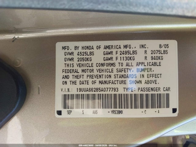 2005 ACURA TL 19UUA66285A077793 Photo 8