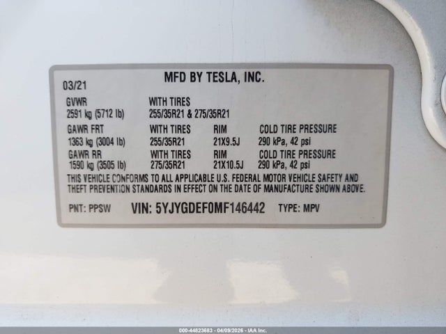 2021 Tesla Model Y Performance Dual Motor All-wheel Drive მანქანა იყიდება აუქციონზე, vin: 5YJYGDEF0MF146442, აუქციონის ნომერი: 44823683