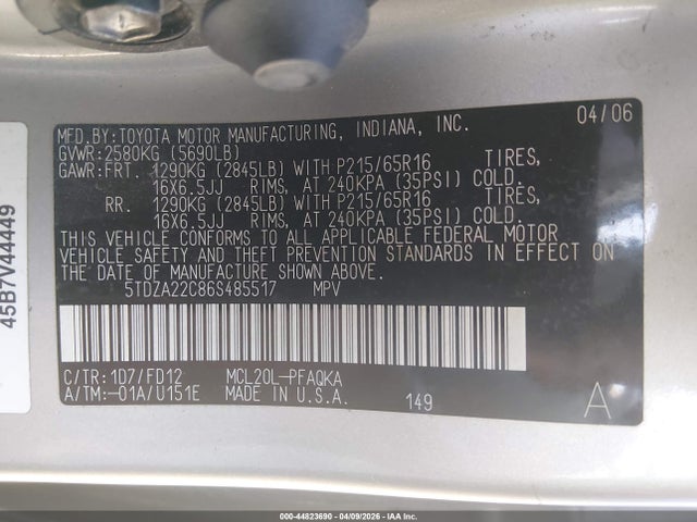 2006 TOYOTA SIENNA 5TDZA22C86S485517 Photo 8