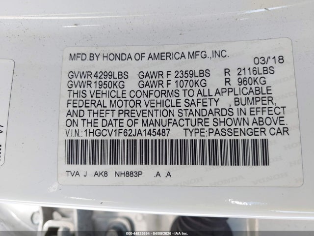 1HGCV1F62JA145487 Honda Accord Ex-l
