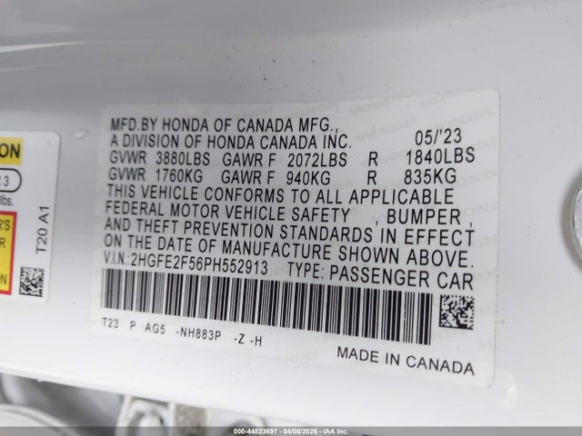 Продажа на аукционе авто 2023 Honda Civic Sport, vin: 2HGFE2F56PH552913, номер лота: 44823697