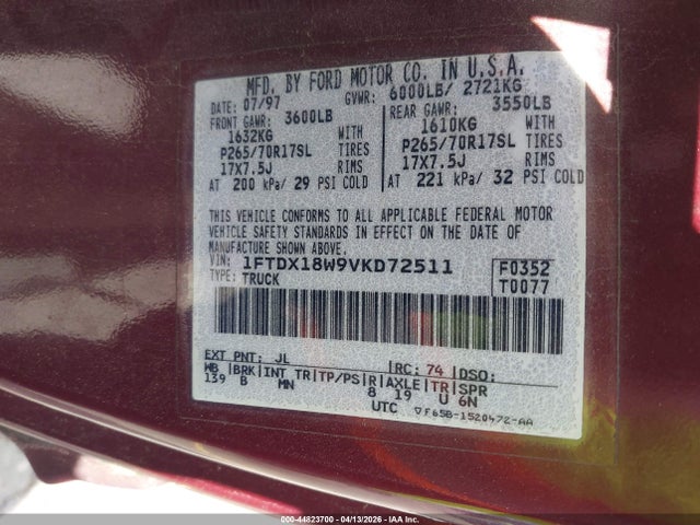 Продаж на аукціоні авто 1997 Ford F-150 Lariat/xl/xlt, vin: 1FTDX18W9VKD72511, номер лоту: 44823700
