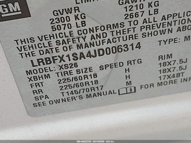 44823705 :رقم المزاد ، LRBFX1SA4JD006314 vin ، 2018 Buick Envision Essence مزاد بيع