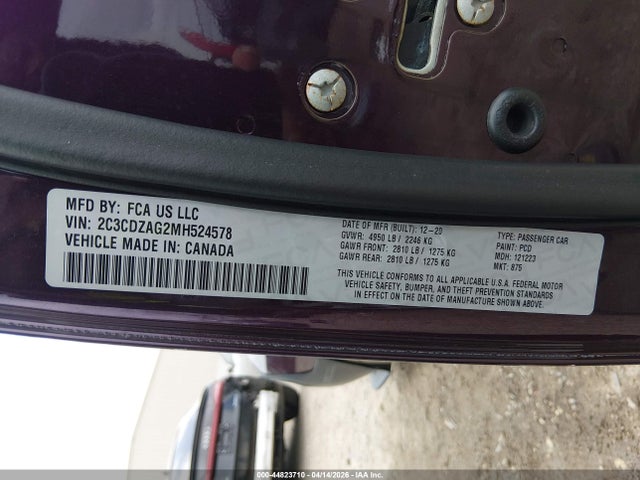 44823710 :رقم المزاد ، 2C3CDZAG2MH524578 vin ، 2021 Dodge Challenger Sxt مزاد بيع