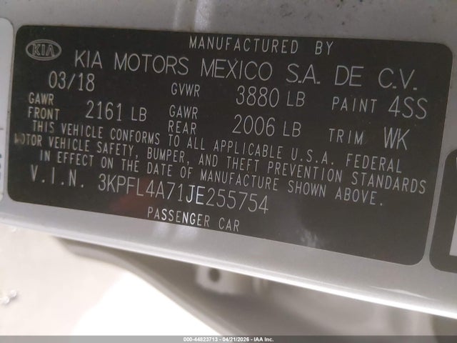 44823713 :رقم المزاد ، 3KPFL4A71JE255754 vin ، 2018 Kia Forte Lx مزاد بيع