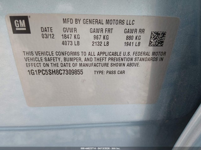 Aukcja sprzedaży 2012 Chevrolet Cruze Ls, vin: 1G1PC5SH8C7309855, numer aukcji: 44823714
