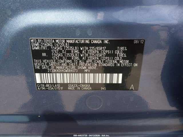 Aukcja sprzedaży 2012 Toyota Rav4 Limited V6, vin: 2T3DK4DV4CW084073, numer aukcji: 44823720