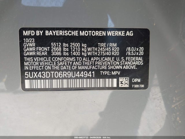 2024 Bmw X4 M40i მანქანა იყიდება აუქციონზე, vin: 5UX43DT06R9U44941, აუქციონის ნომერი: 44823722