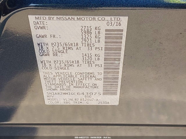 Продаж на аукціоні авто 2016 Nissan Pathfinder S, vin: 5N1AR2MM1GC643075, номер лоту: 44823723