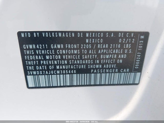 Продажа на аукционе авто 2012 Volkswagen Jetta 2.5l Se, vin: 3VWDX7AJ6CM385446, номер лота: 44823728