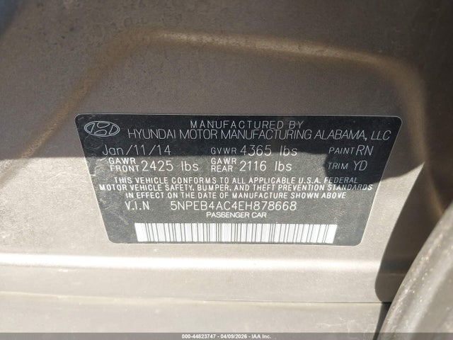 2014 Hyundai Sonata Gls მანქანა იყიდება აუქციონზე, vin: 5NPEB4AC4EH878668, აუქციონის ნომერი: 44823747