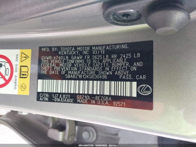 2019 Lexus Es 350 Luxury მანქანა იყიდება აუქციონზე, vin: 58ABZ1B12KU030496, აუქციონის ნომერი: 44823765
