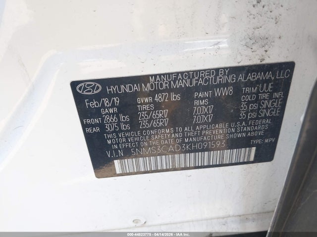 Aukcja sprzedaży 2019 Hyundai Santa Fe Sel, vin: 5NMS3CAD3KH091593, numer aukcji: 44823775