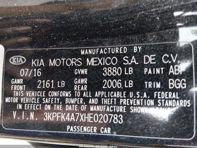 44823797 :رقم المزاد ، 3KPFK4A7XHE020783 vin ، 2017 Kia Forte Lx مزاد بيع