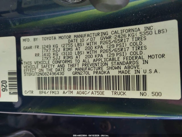 2008 TOYOTA TACOMA 5TEKU72N08Z496430 Photo 8