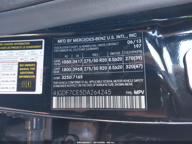 44823817 :رقم المزاد ، 4JGDF7CE5DA264245 vin ، 2013 Mercedes-benz Gl 450 4matic مزاد بيع
