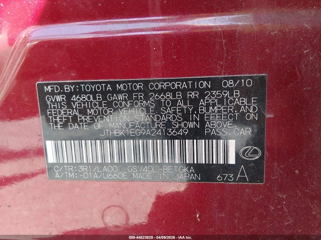 2010 Lexus Es 350 მანქანა იყიდება აუქციონზე, vin: JTHBK1EG9A2413649, აუქციონის ნომერი: 44823829