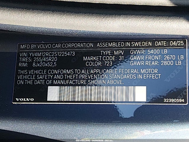 2025 Volvo Xc60 B5 Plus მანქანა იყიდება აუქციონზე, vin: YV4M12RC2S1225473, აუქციონის ნომერი: 44823840