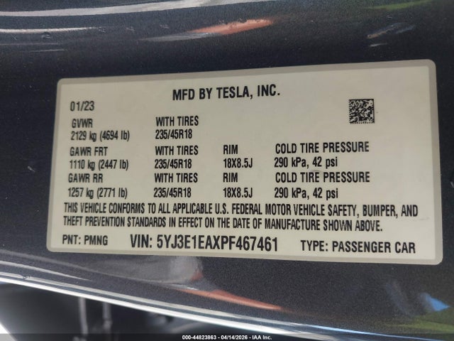 Aukcja sprzedaży 2023 Tesla Model 3 Rear-wheel Drive, vin: 5YJ3E1EAXPF467461, numer aukcji: 44823863