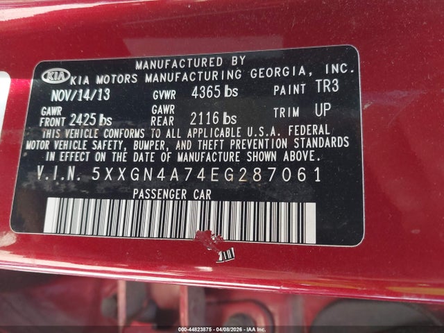 Продажа на аукционе авто 2014 Kia Optima Ex, vin: 5XXGN4A74EG287061, номер лота: 44823875