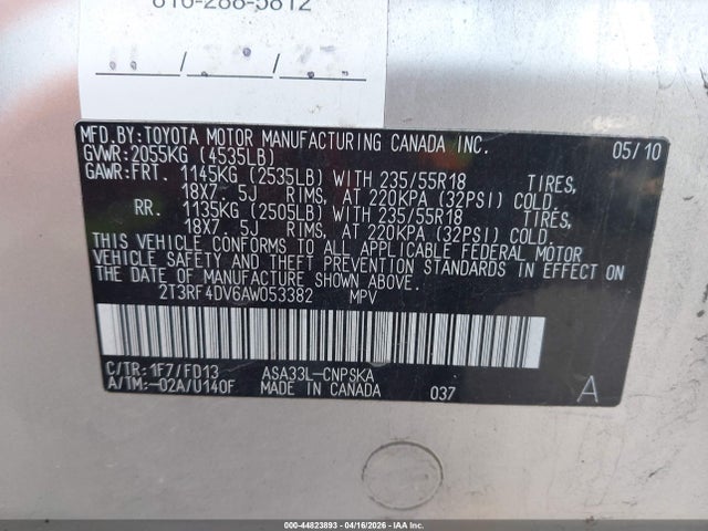 Продажа на аукционе авто 2010 Toyota Rav4 Sport, vin: 2T3RF4DV6AW053382, номер лота: 44823893