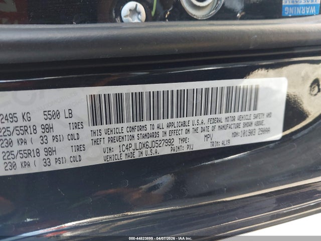 2018 Jeep Cherokee Limited Fwd მანქანა იყიდება აუქციონზე, vin: 1C4PJLDX6JD527992, აუქციონის ნომერი: 44823899