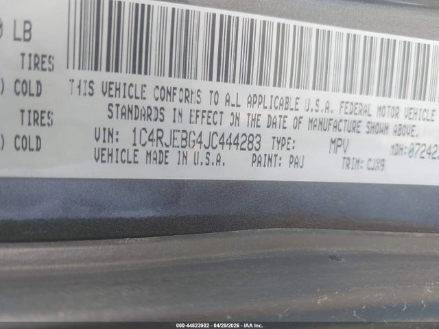 2018 Jeep Grand Cherokee Limited 4x2 მანქანა იყიდება აუქციონზე, vin: 1C4RJEBG4JC444283, აუქციონის ნომერი: 44823902