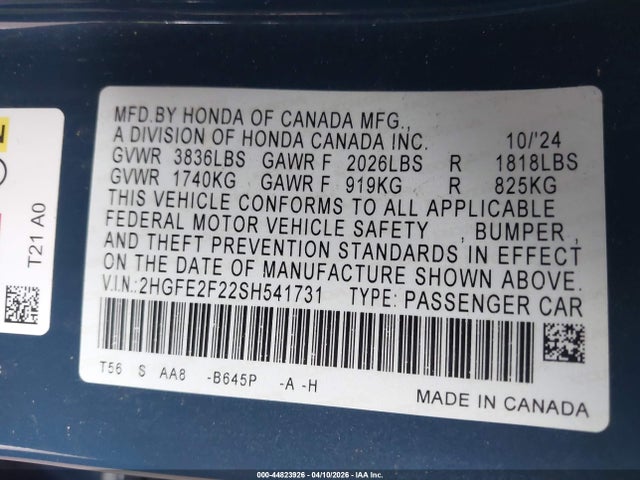 Продажа на аукционе авто 2025 Honda Civic Lx, vin: 2HGFE2F22SH541731, номер лота: 44823926